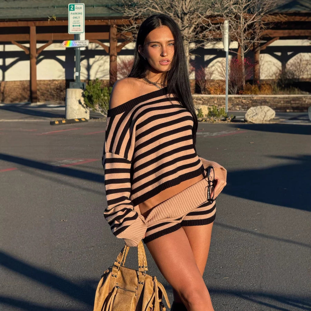 Modern Striped Sweater Short Set