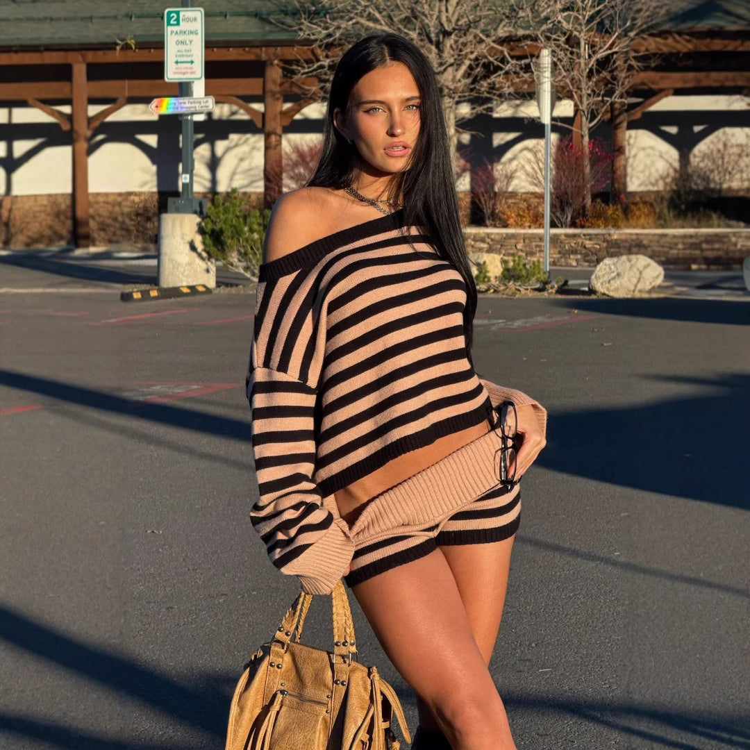 Modern Striped Sweater Short Set